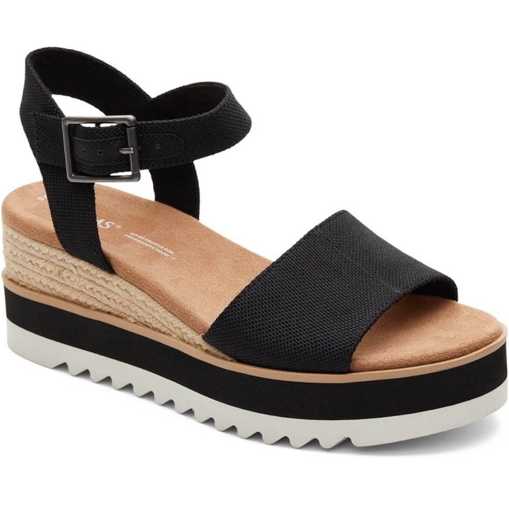 Toms Black and Natural Platform Wedge Sandals - Picture 3 of 6